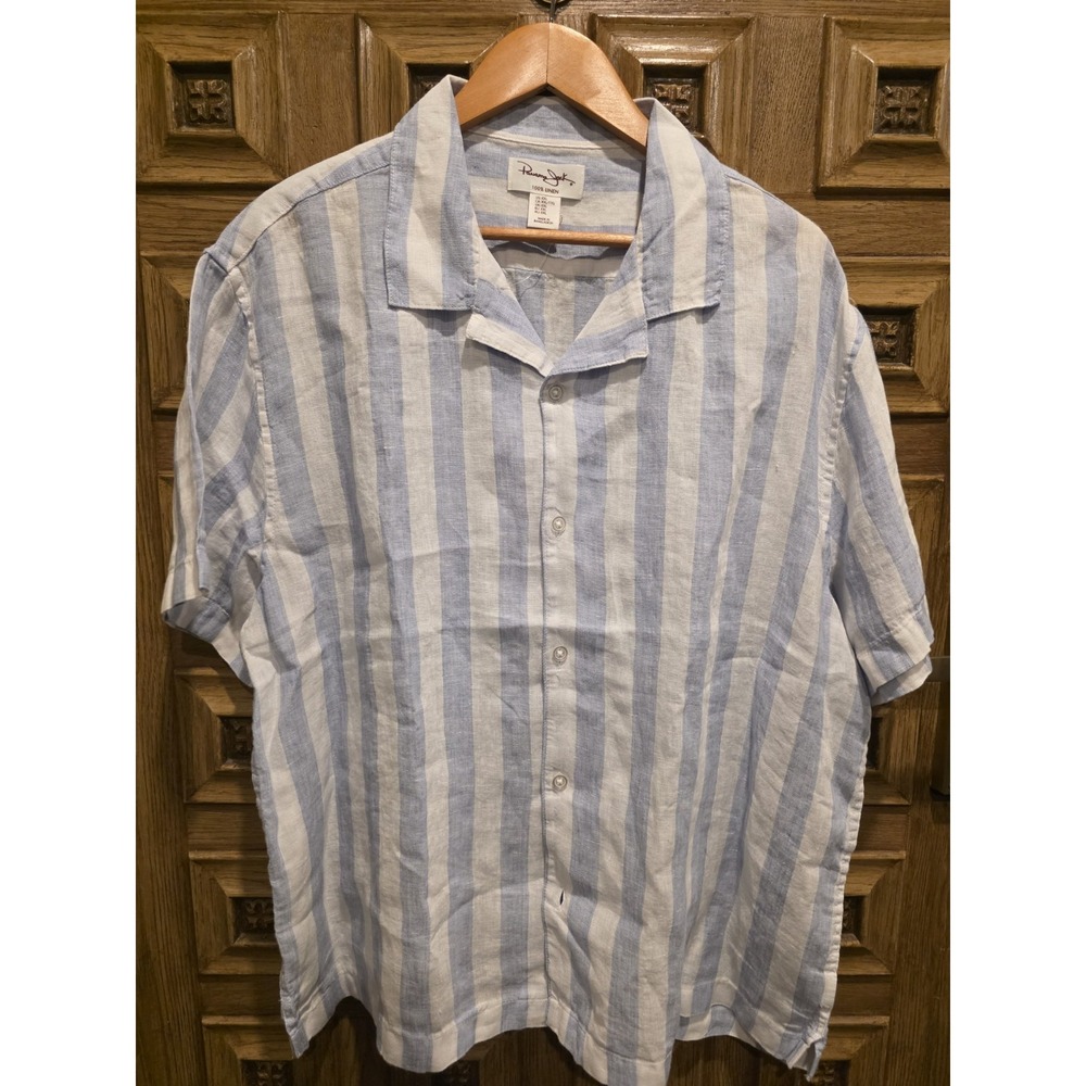 Panama‎ Jack NWT 100% Linen Camp Shirt Men 2XL Blue White Striped Casual Coastal